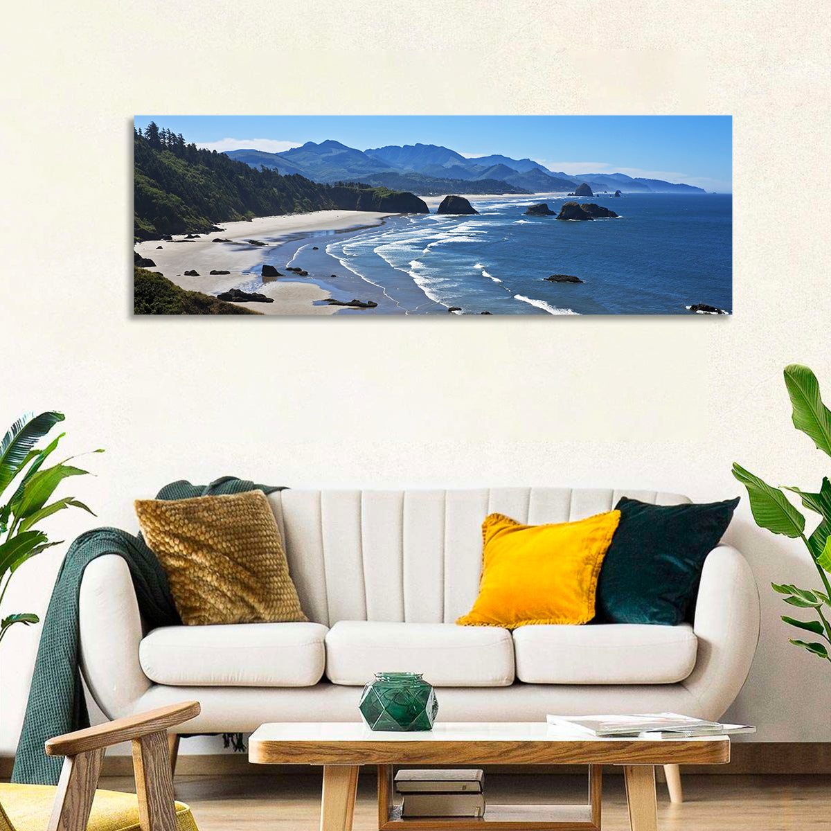 Cannon Beach Morning Shoreline Wall Art in a room, panoramic