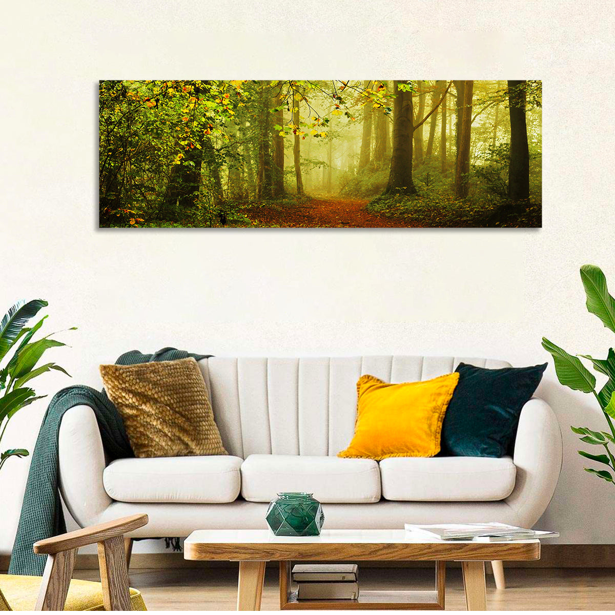 Smoggy Forest Wall Art in a room, panoramic