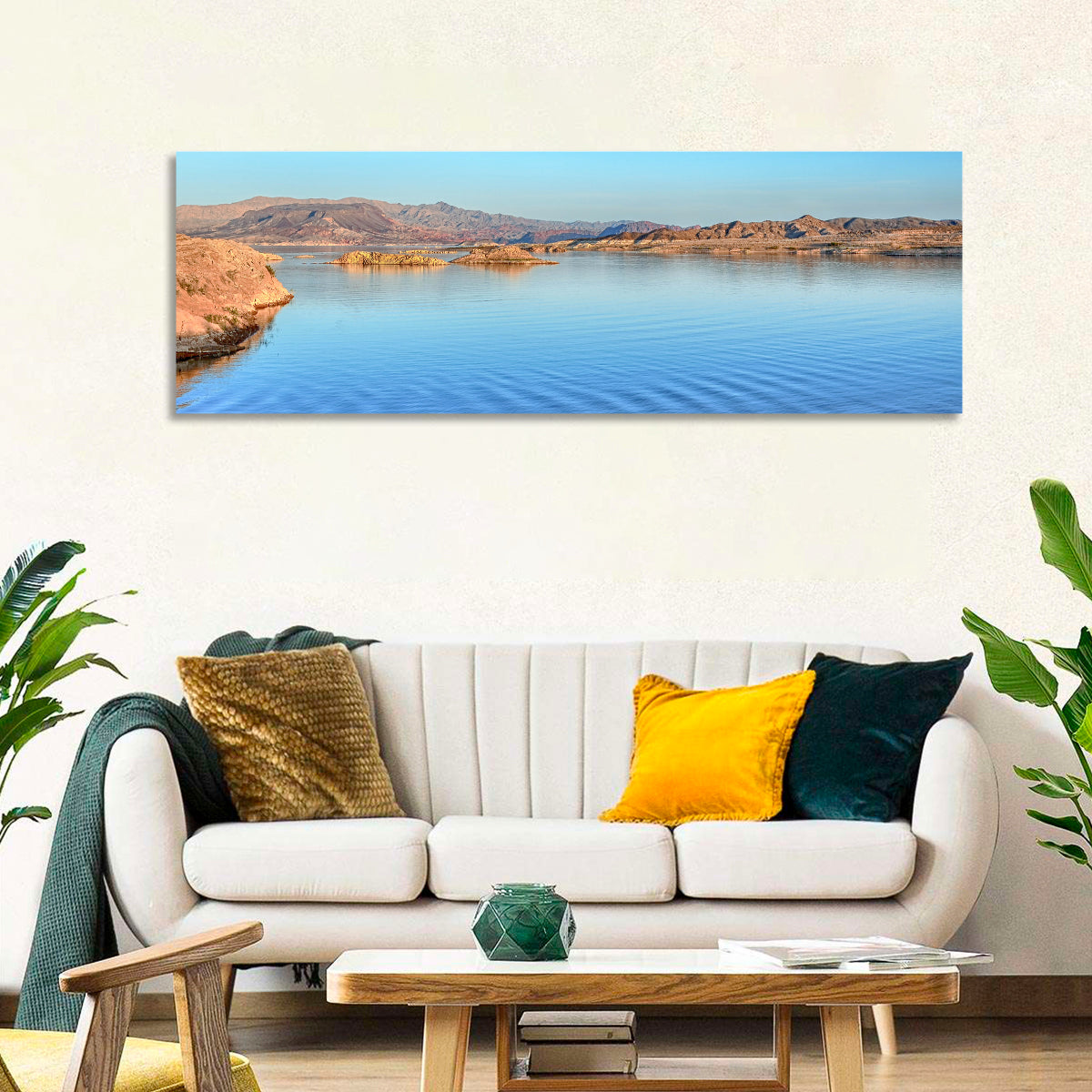Lake Mead Rocky Shoreline Wall Art in a room, panoramic
