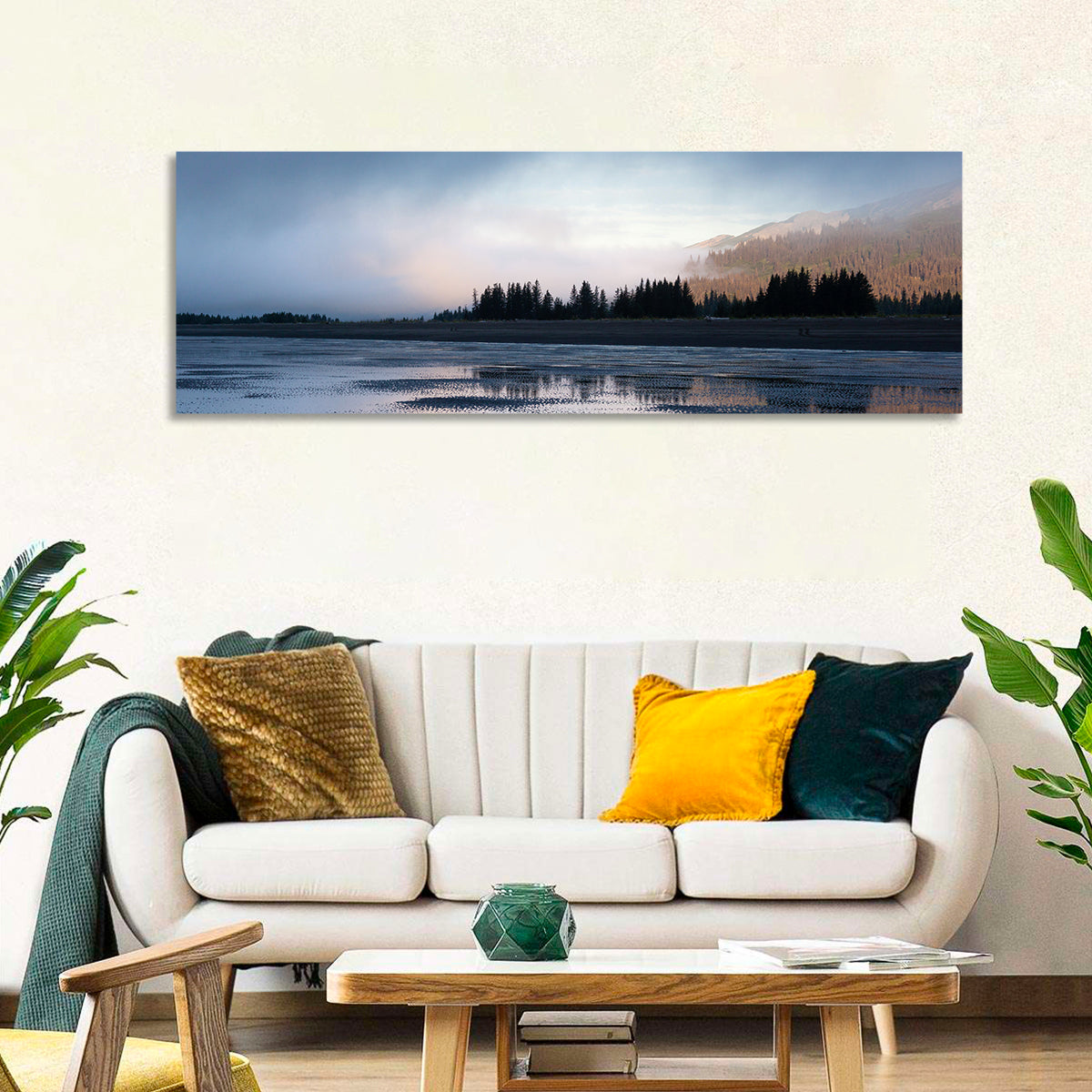 Lake Clark Foggy Shoreline Wall Art in a room, panoramic