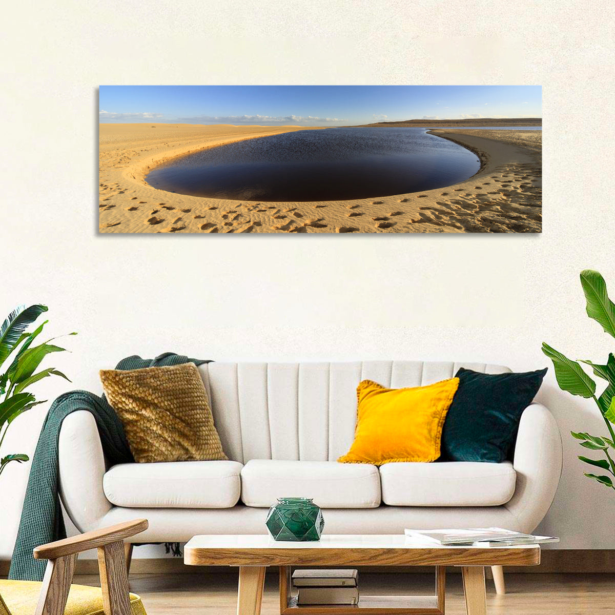 Fayoum Lake Footprints Wall Art in a room, panoramic