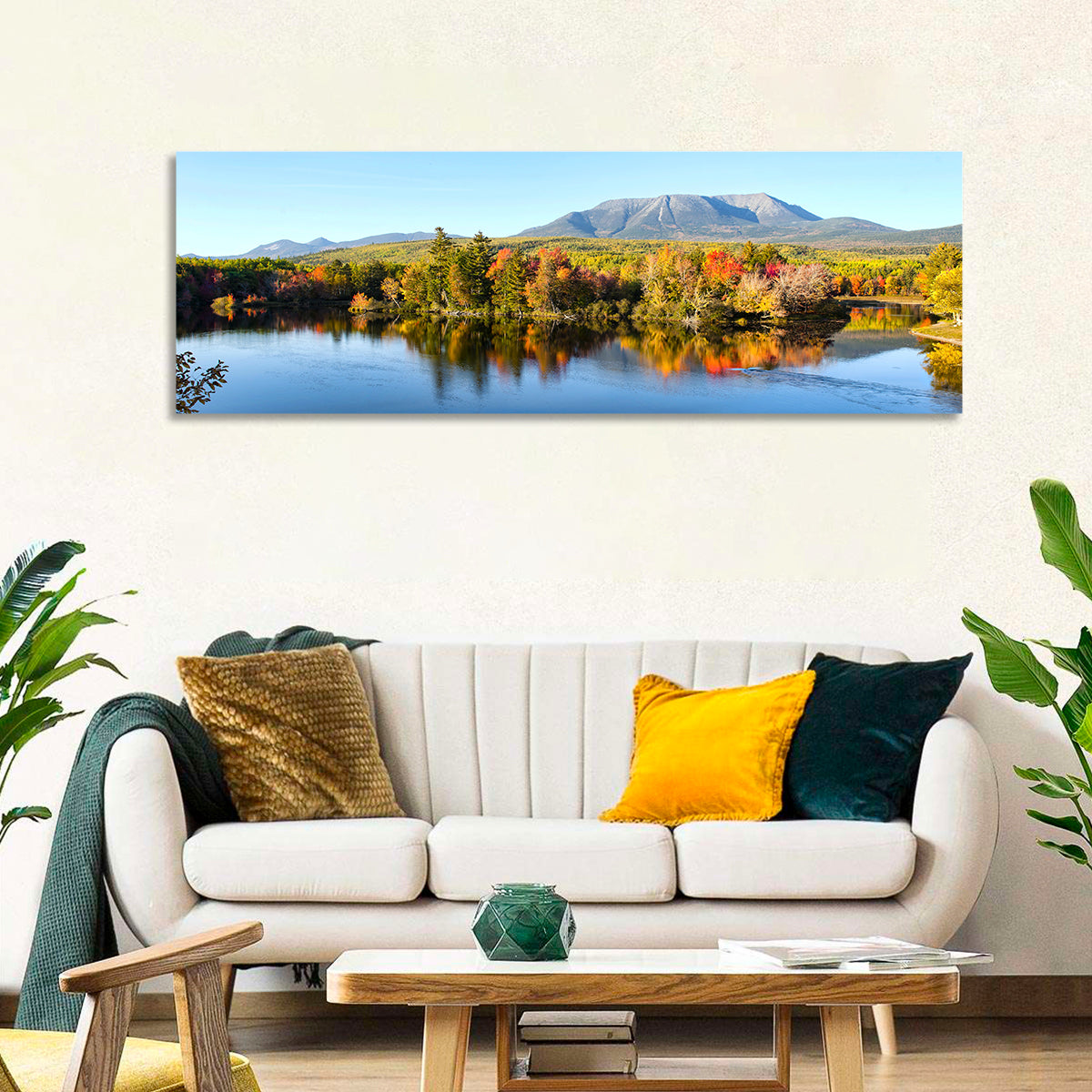 Mount Katahdin Autumn Reflection Wall Art in a room, panoramic