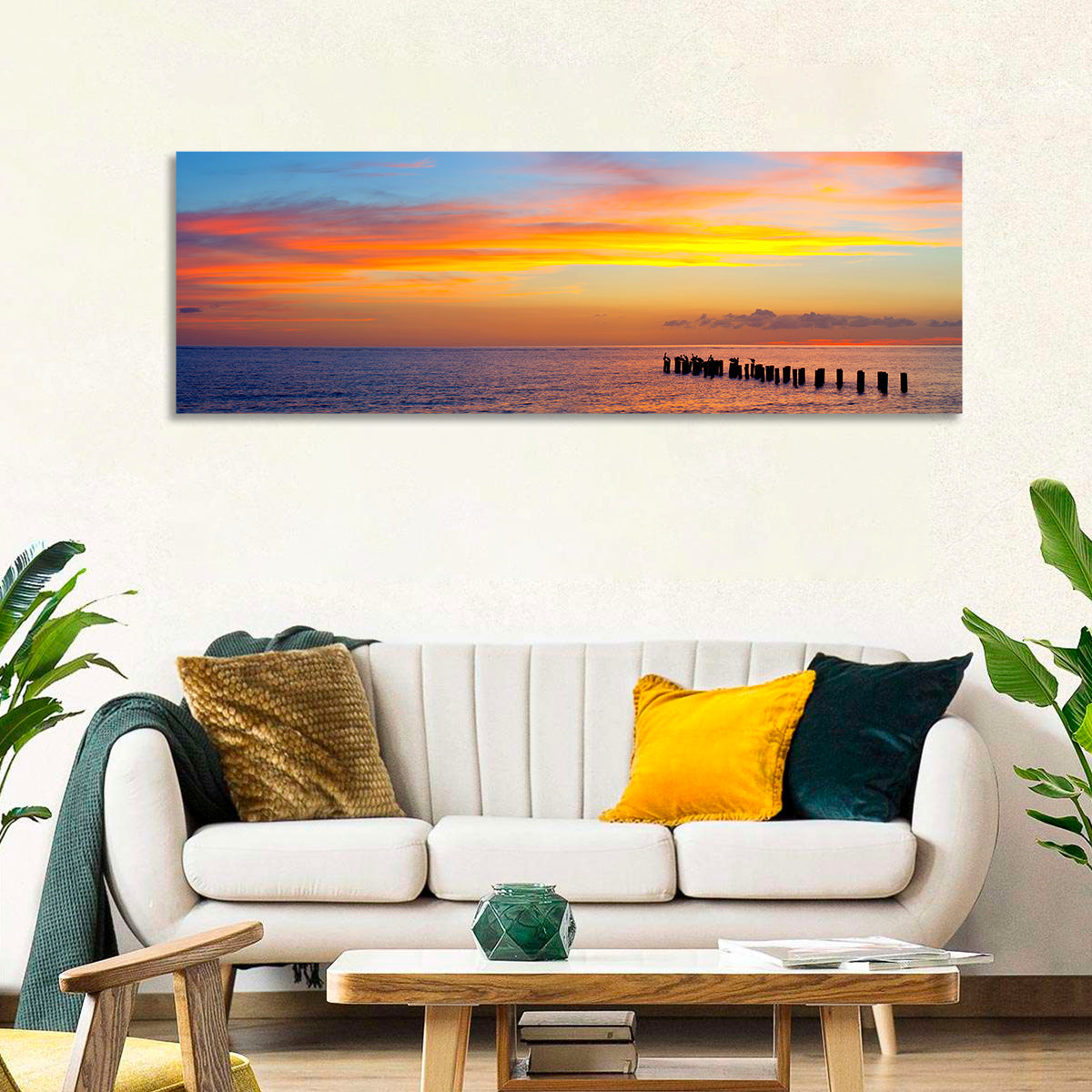 Naples Pier at Sunset Wall Art in a room, panoramic