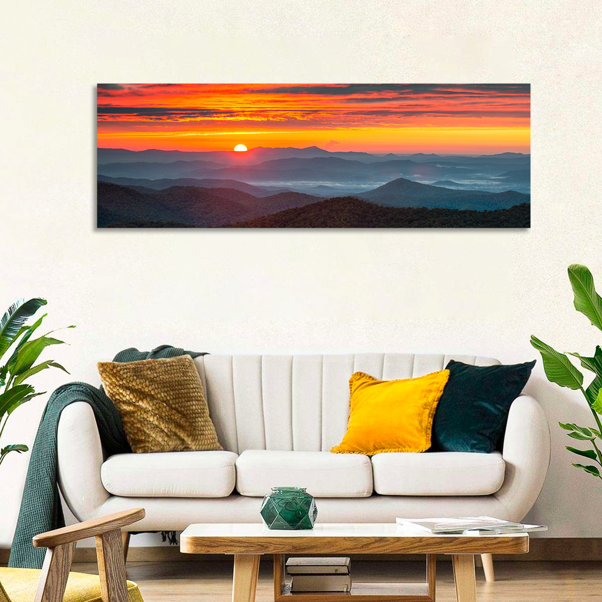 Blue Ridge Sunrise Over Misty Ridges Wall Art in a room, panoramic