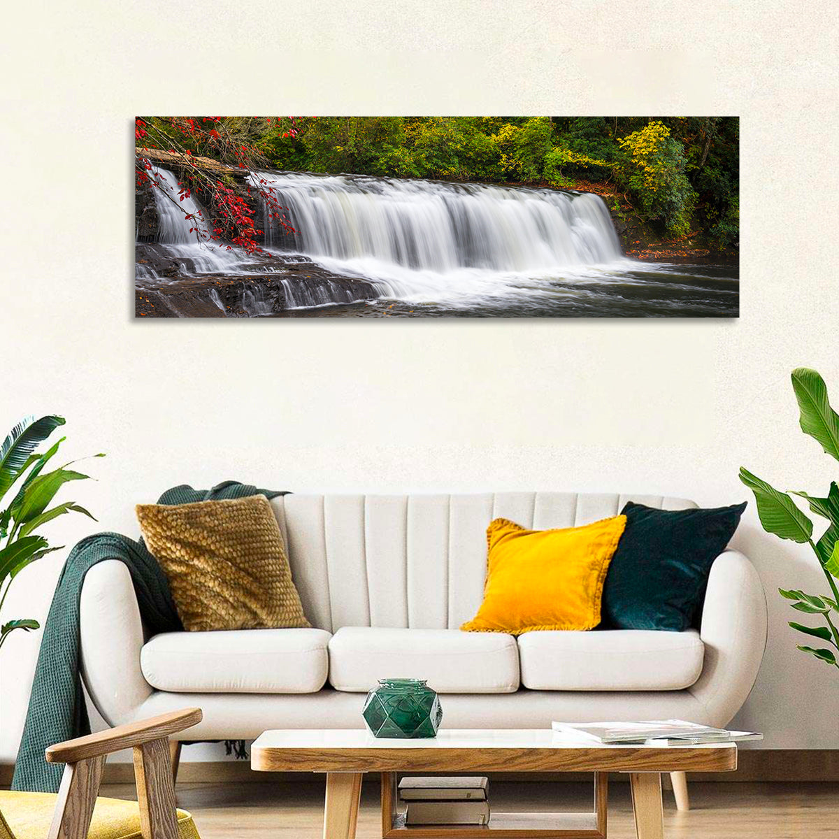 Blue Ridge Autumn Waterfall Wall Art in a room, panoramic