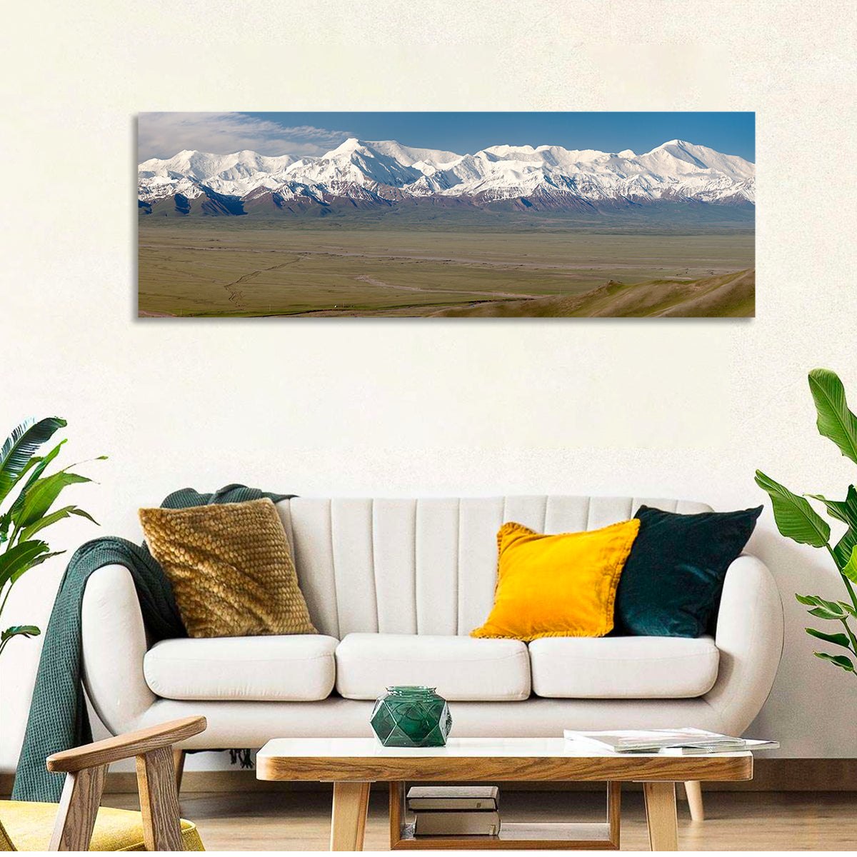 Pik Lenin Peaks Wall Art in a room, panoramic