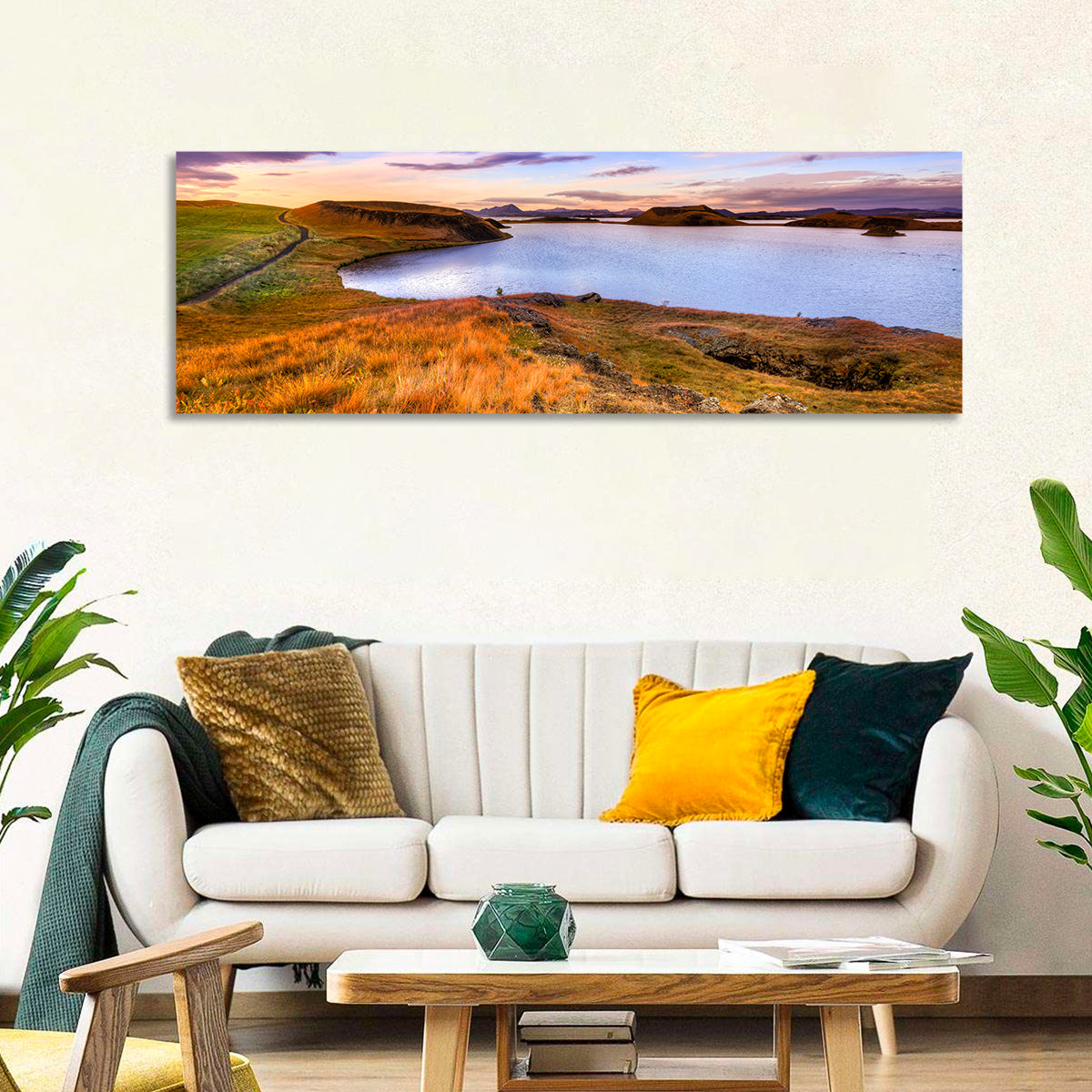 Sunset Over Lake Myvatn Wall Art in a room, panoramic