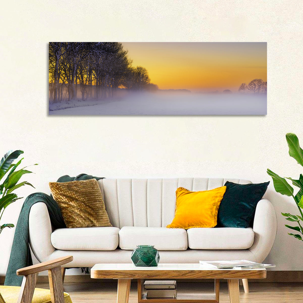 Winter Fog at Sunset Wall Art in a room, panoramic