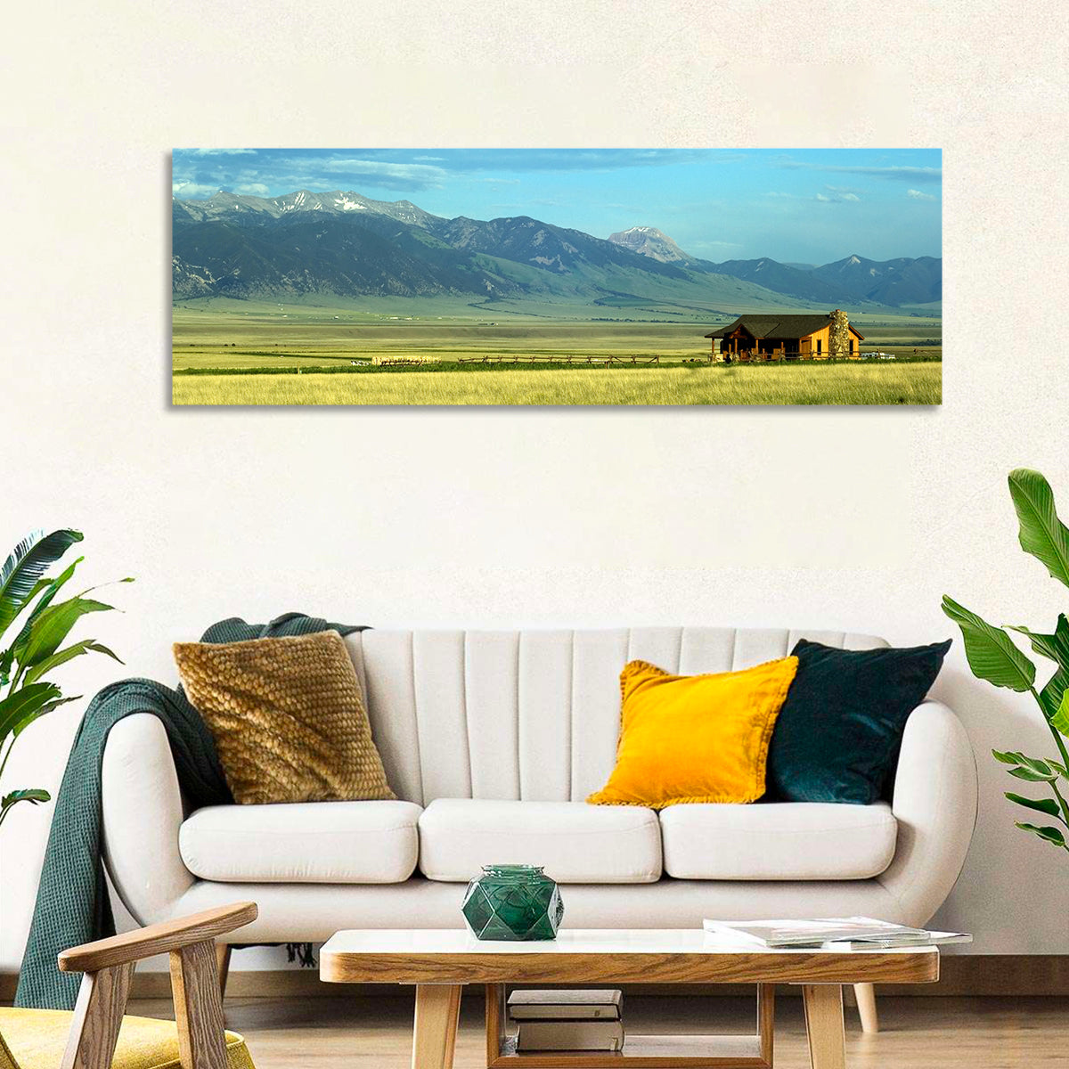 Montana Mountain Ranch Wall Art in a room, panoramic