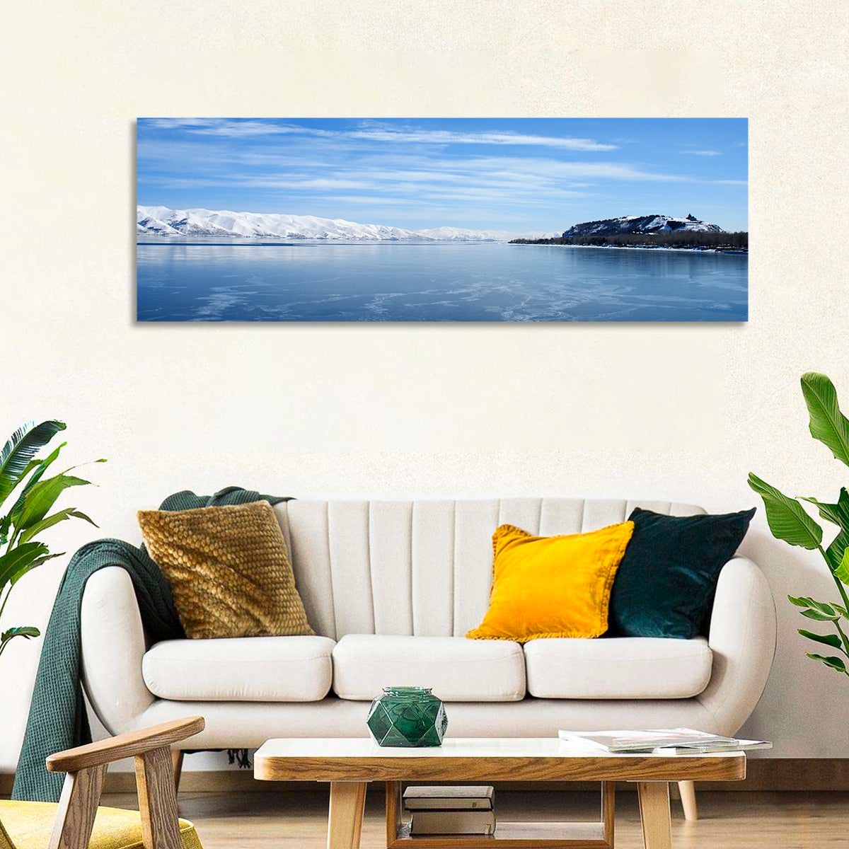 Lake Sevan in Winter Wall Art in a room, panoramic