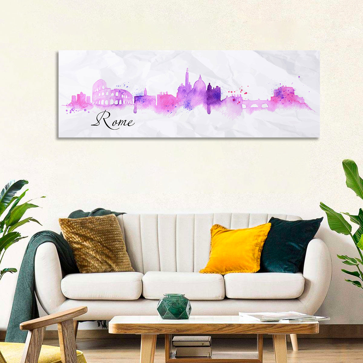 Watercolor Rome Skyline Wall Art in a room, panoramic