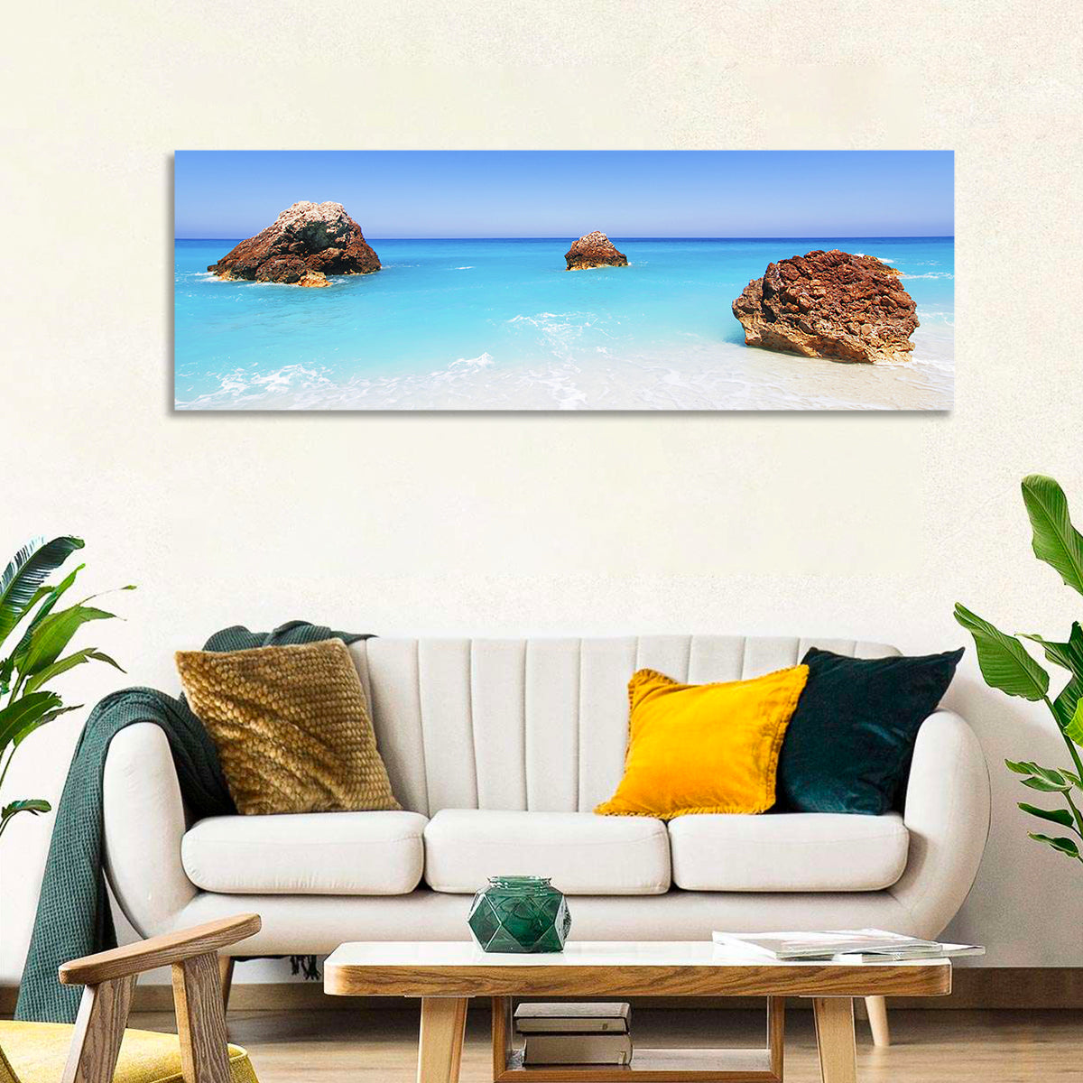 Lefkada Three Rocks Seascape Wall Art in a room, panoramic