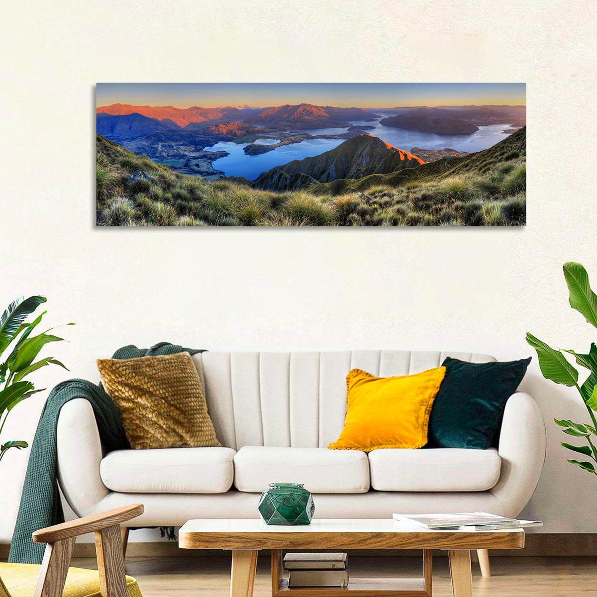 Wanaka Golden Hour Over Roys Peak Wall Art in a room, panoramic