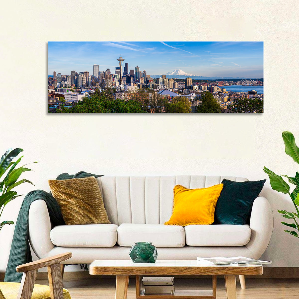 Seattle Skyline with Mount Rainier Wall Art in a room, panoramic