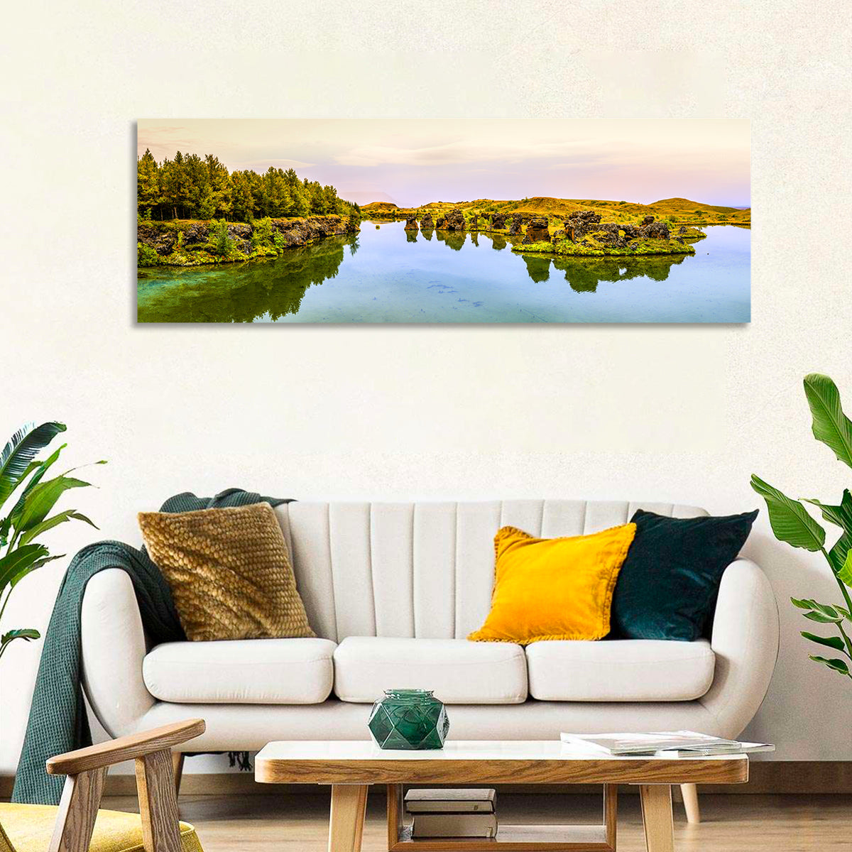 Lake Myvatn Reflections Wall Art in a room, panoramic