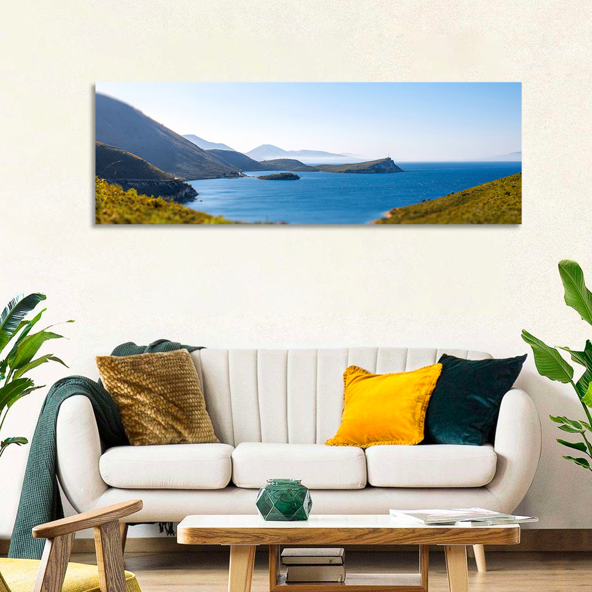 Coastal Cliffs and Lighthouse Bay Wall Art in a room, panoramic