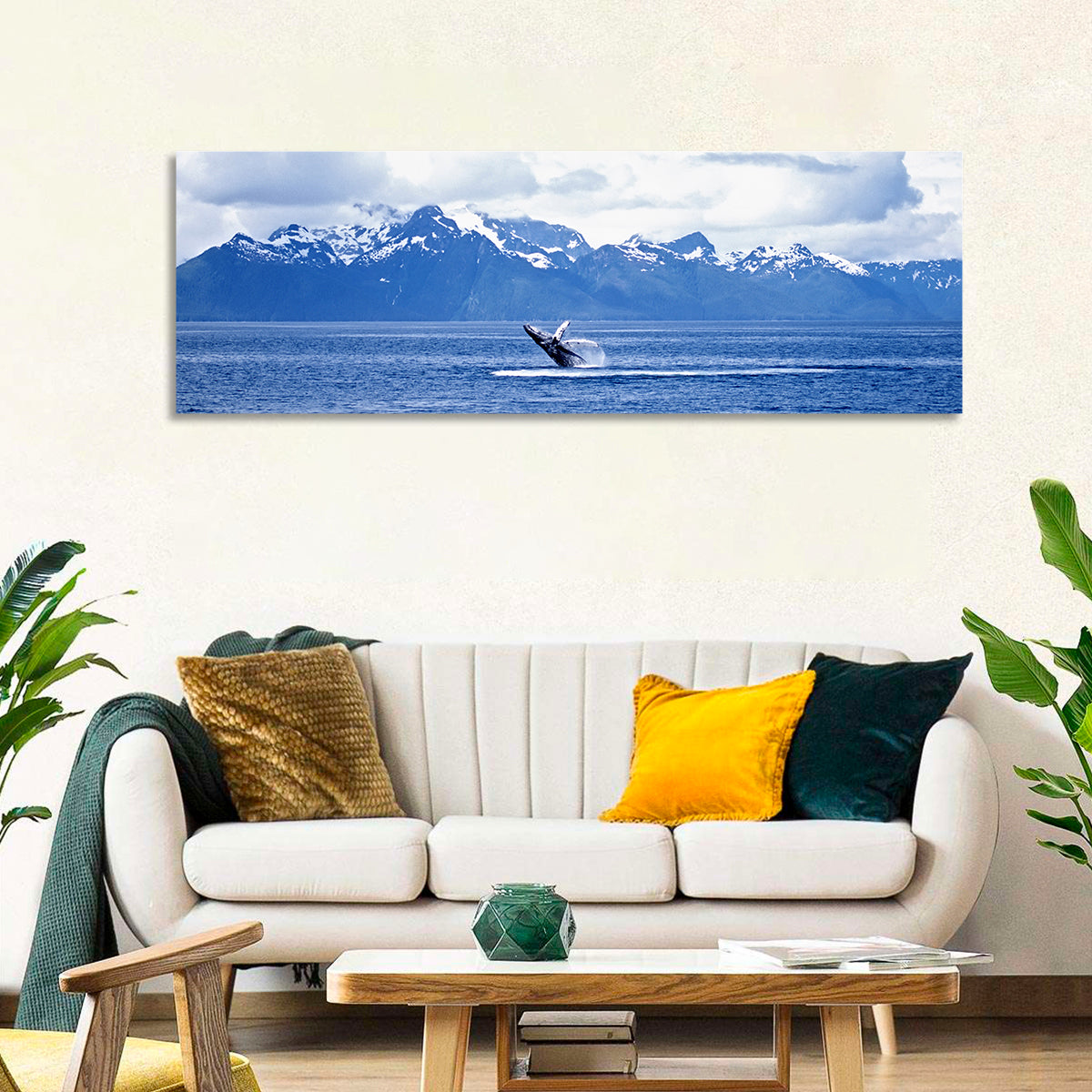 Humpback Whale with Snow Capped Mountains Wall Art in a room, panoramic