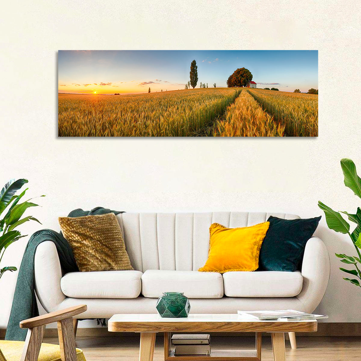 Sunset Wheat Field with Red Roof Cottage Wall Art in a room, panoramic