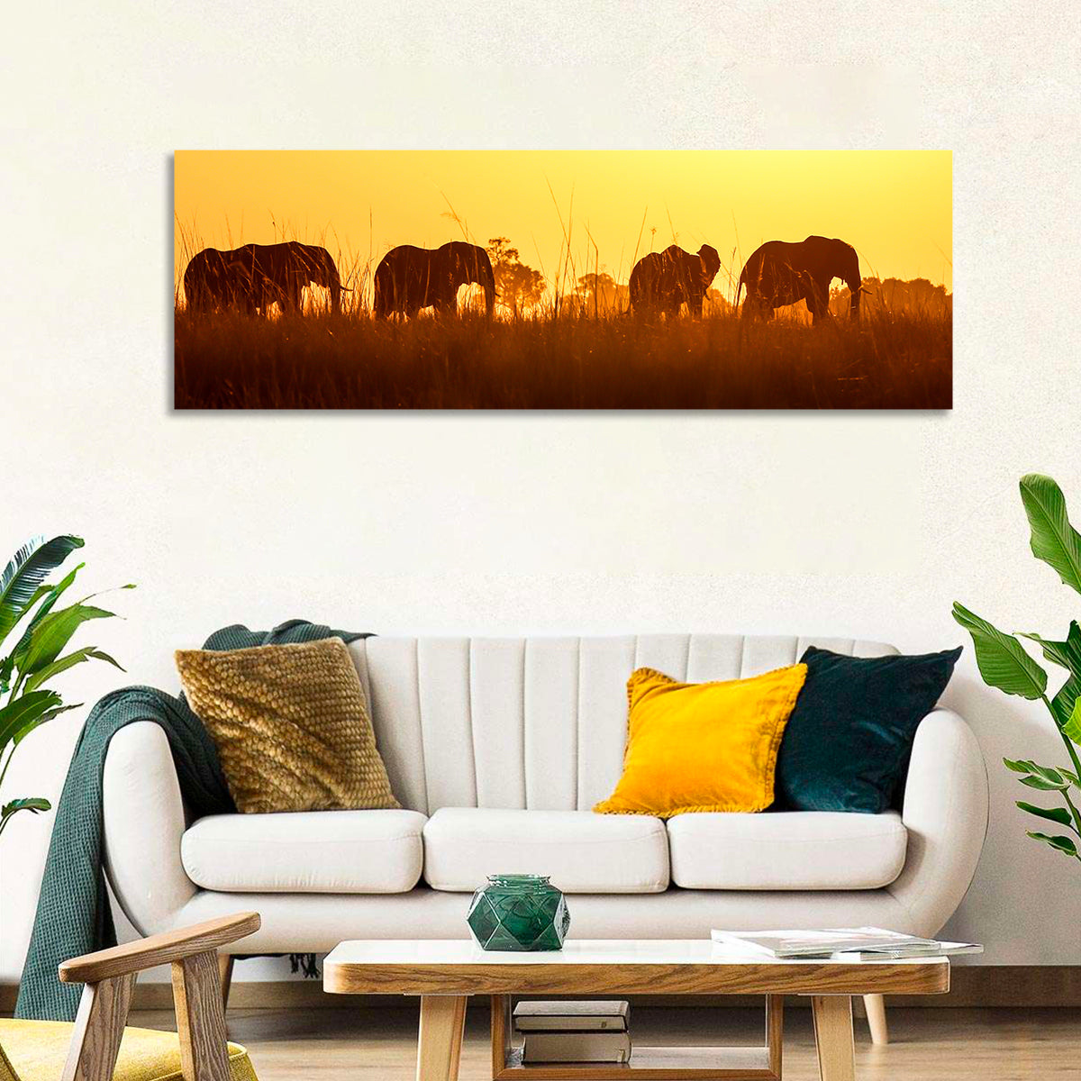 Golden Sunset Elephant Herd Wall Art