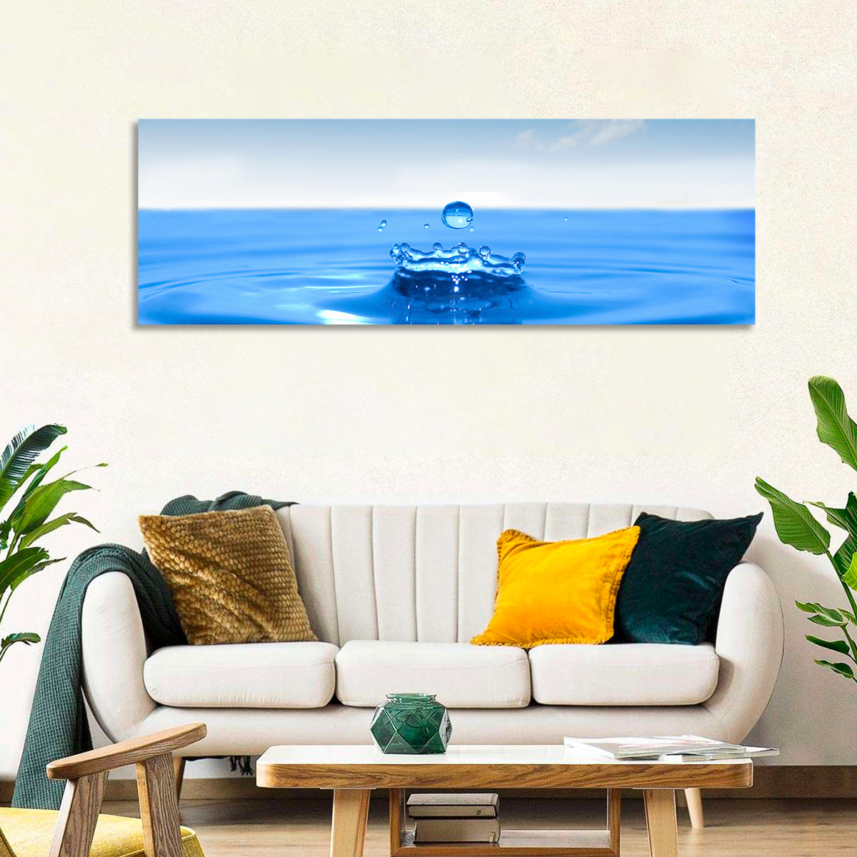 Ocean Water Drop Wall Art in a room, panoramic