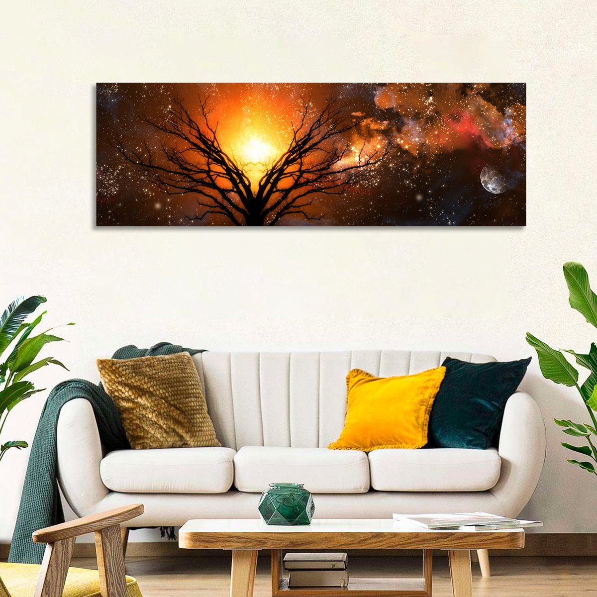 Haunted Tree Under Nebula Wall Art in a room, panoramic