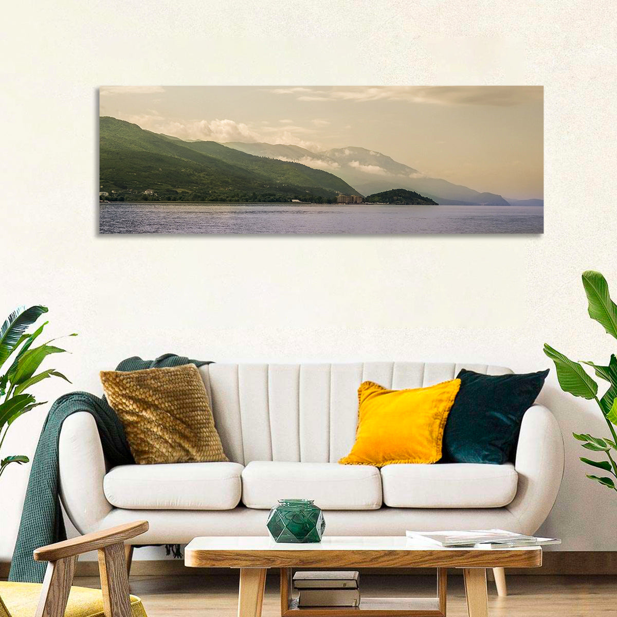 Ohrid Lakeshore Mountain View Wall Art in a room, panoramic