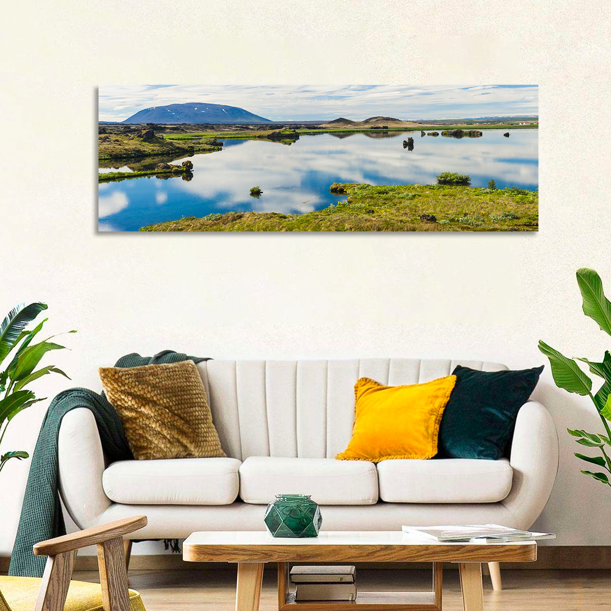 Lake Myvatn Reflection Wall Art in a room, panoramic