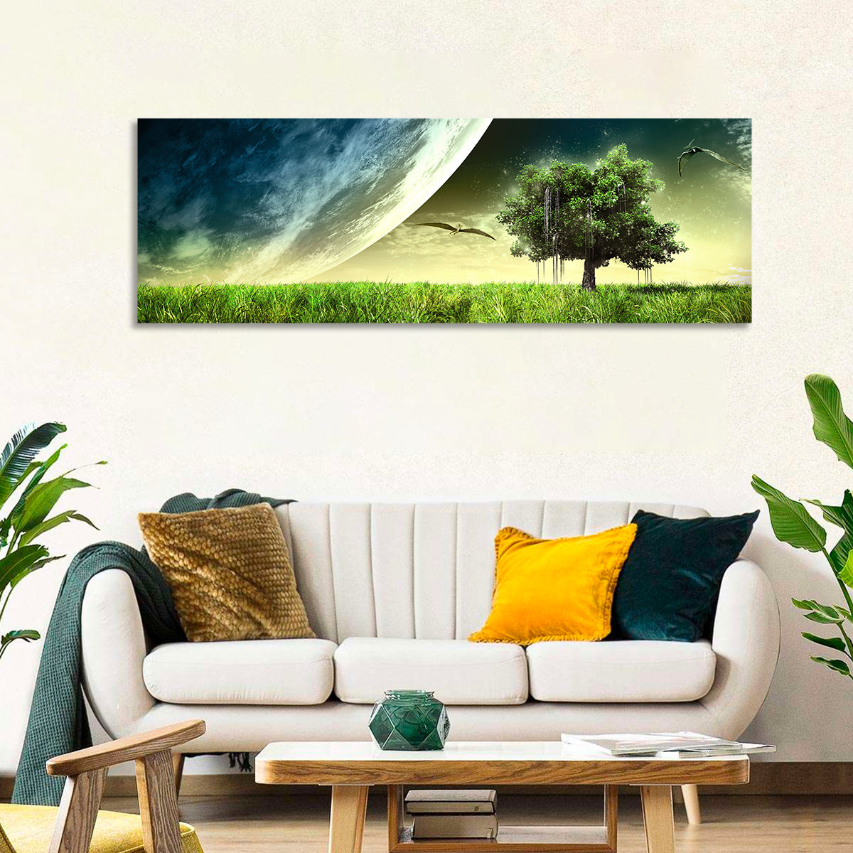 Alien Meadow Under a Giant Planet Wall Art in a room, panoramic