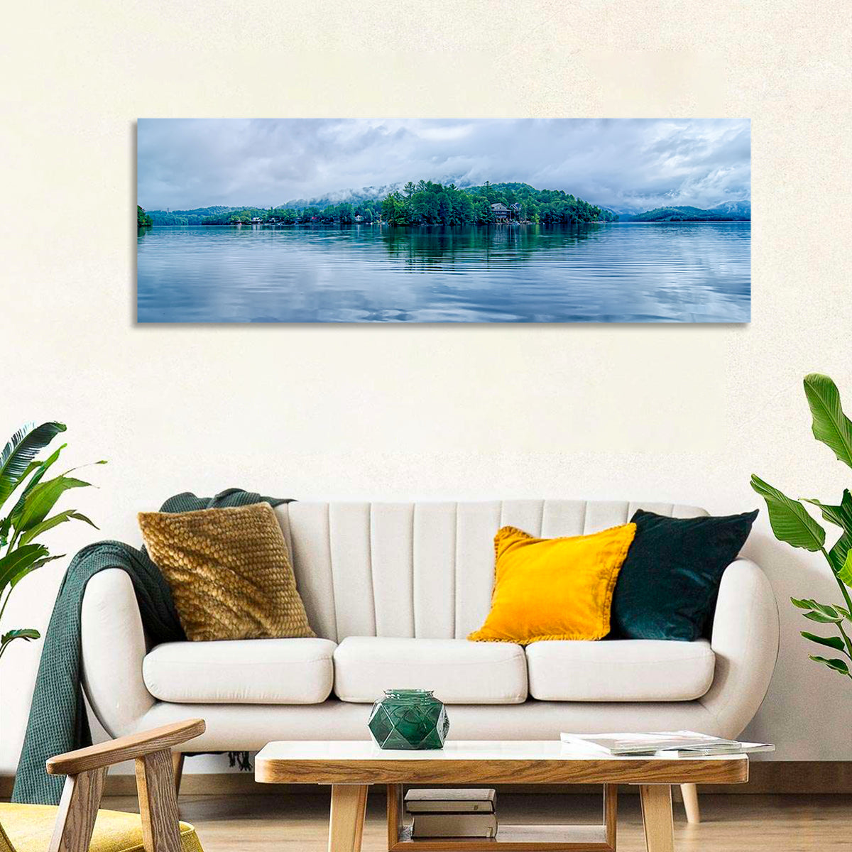 Lake Santeetlah Reflection Wall Art in a room, panoramic
