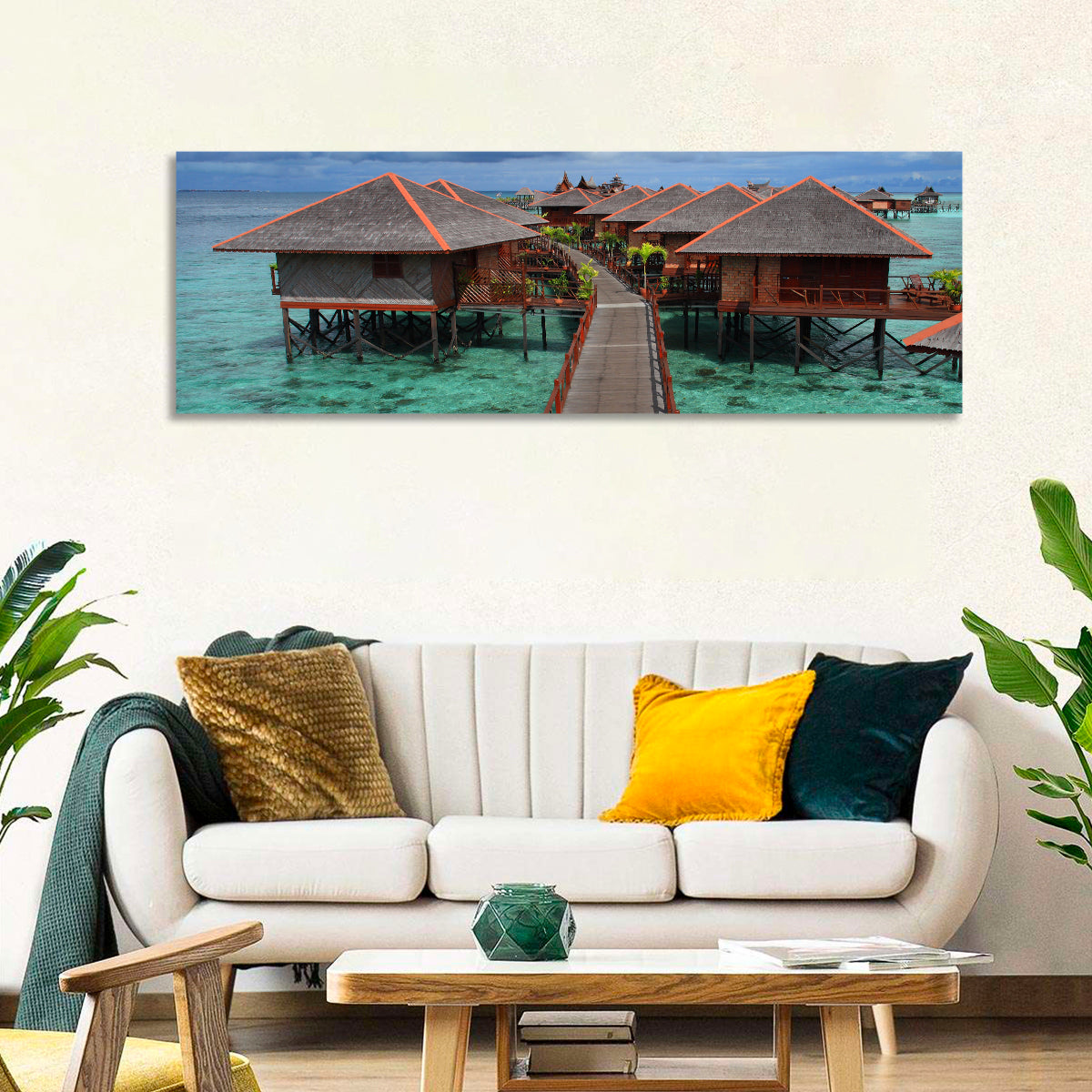 Overwater Bungalows Boardwalk Over Turquoise Sea Wall Art in a room, panoramic