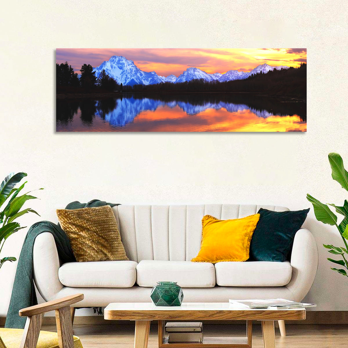 Grand Teton Sunset Reflection Wall Art in a room, panoramic