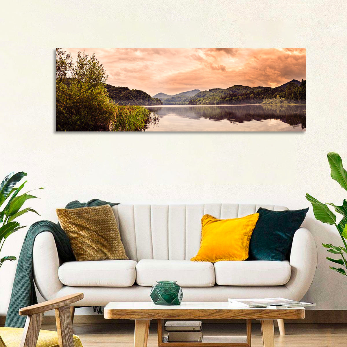 Cloudy Lake at Golden Hour Wall Art in a room, panoramic