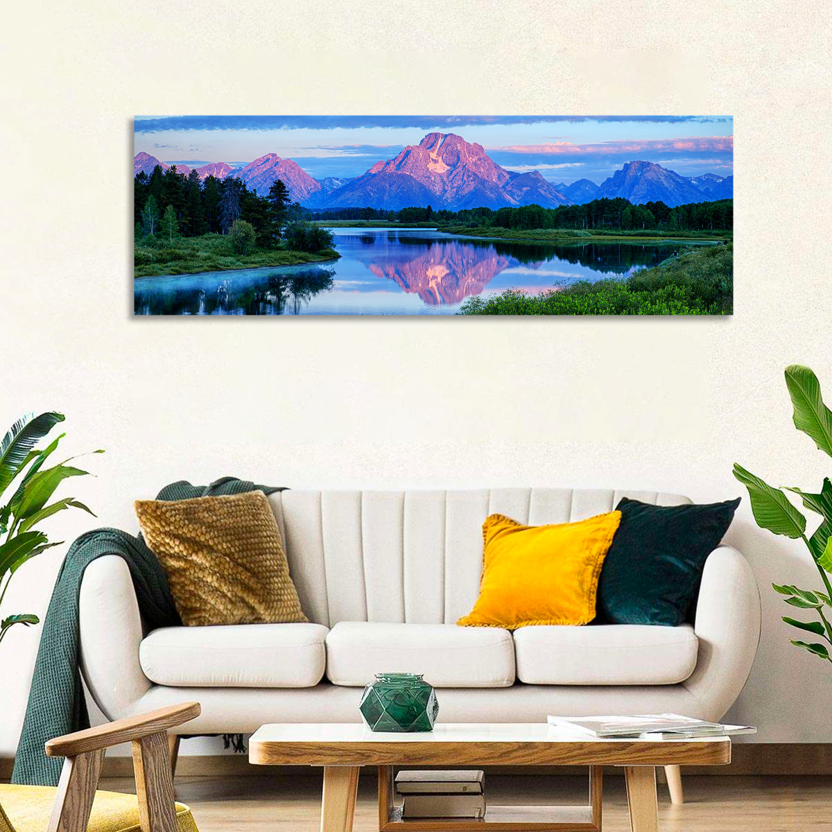 Oxbow Bend Dawn Reflection Wall Art in a room, panoramic