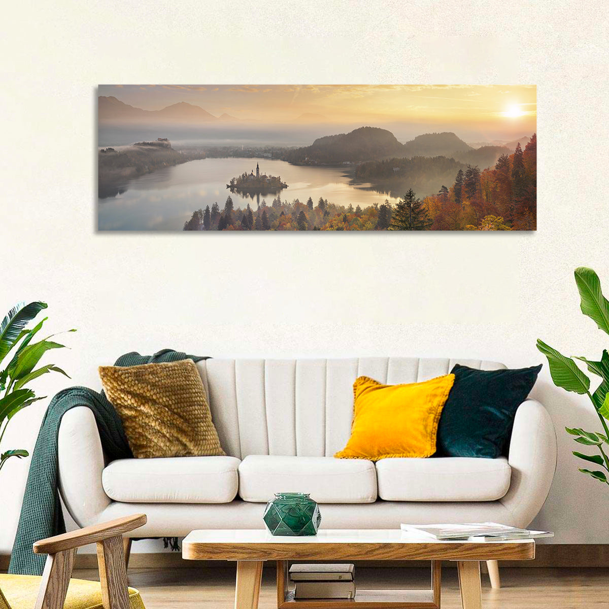Autumn Morning at Lake Bled Wall Art in a room, panoramic