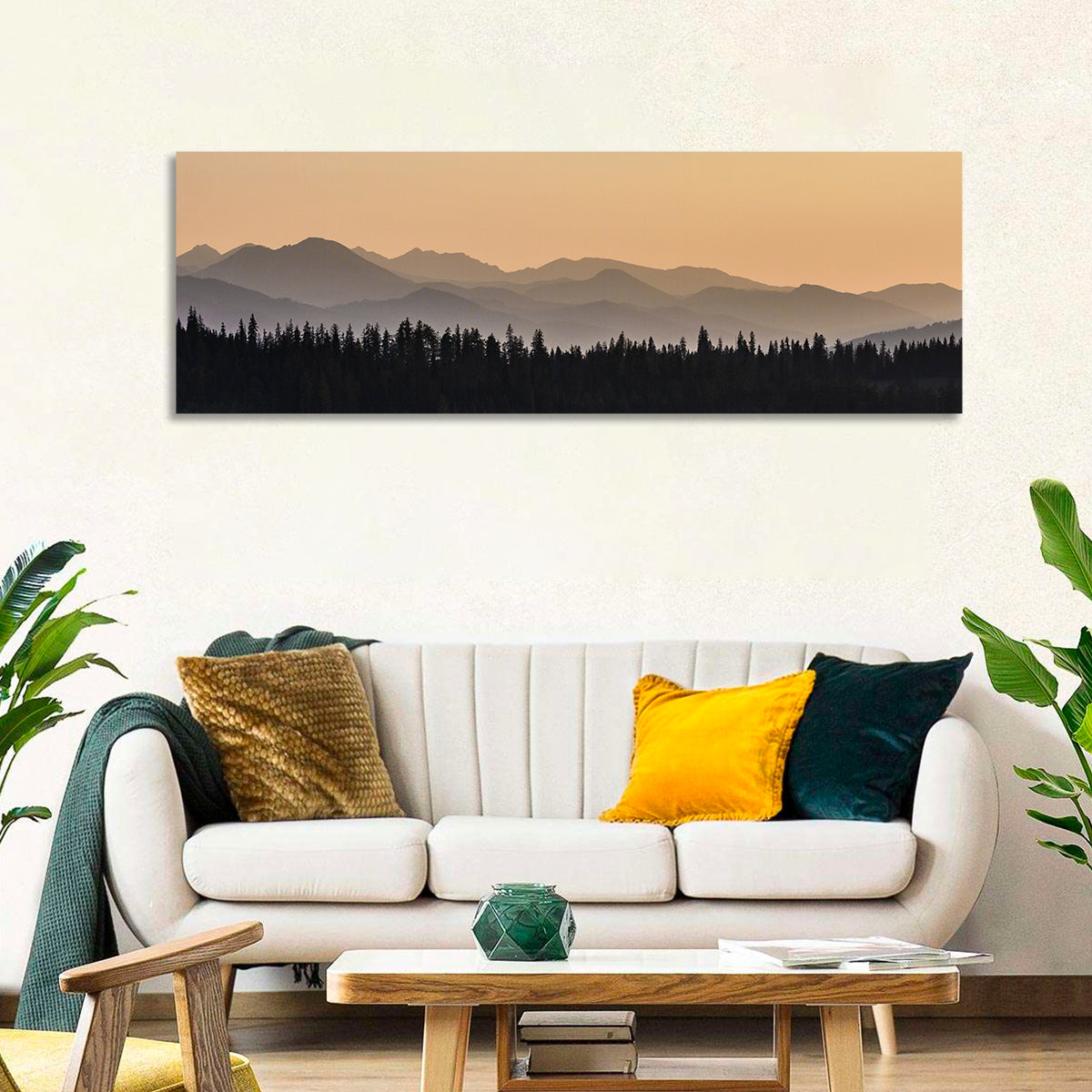Lavender Mountain Ridge Silhouettes Wall Art in a room, panoramic