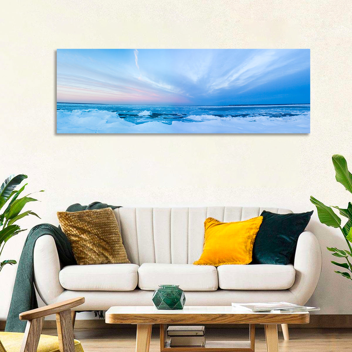 Frozen Blue Seascape Wall Art in a room, panoramic