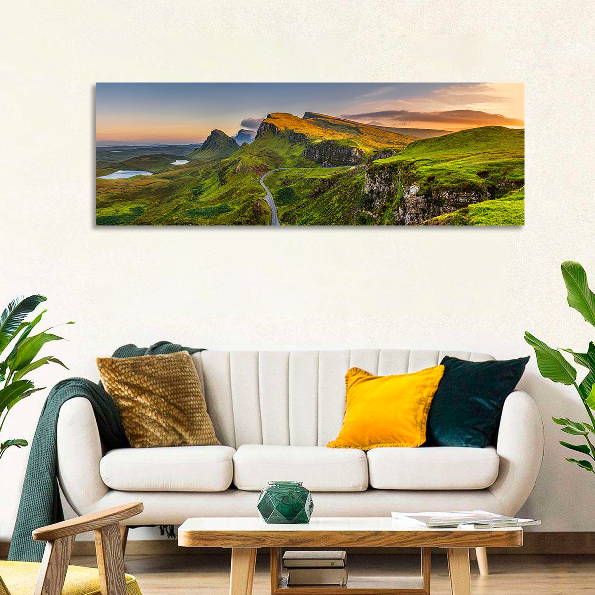Quiraing Golden Hour, Isle of Skye Wall Art in a room, panoramic
