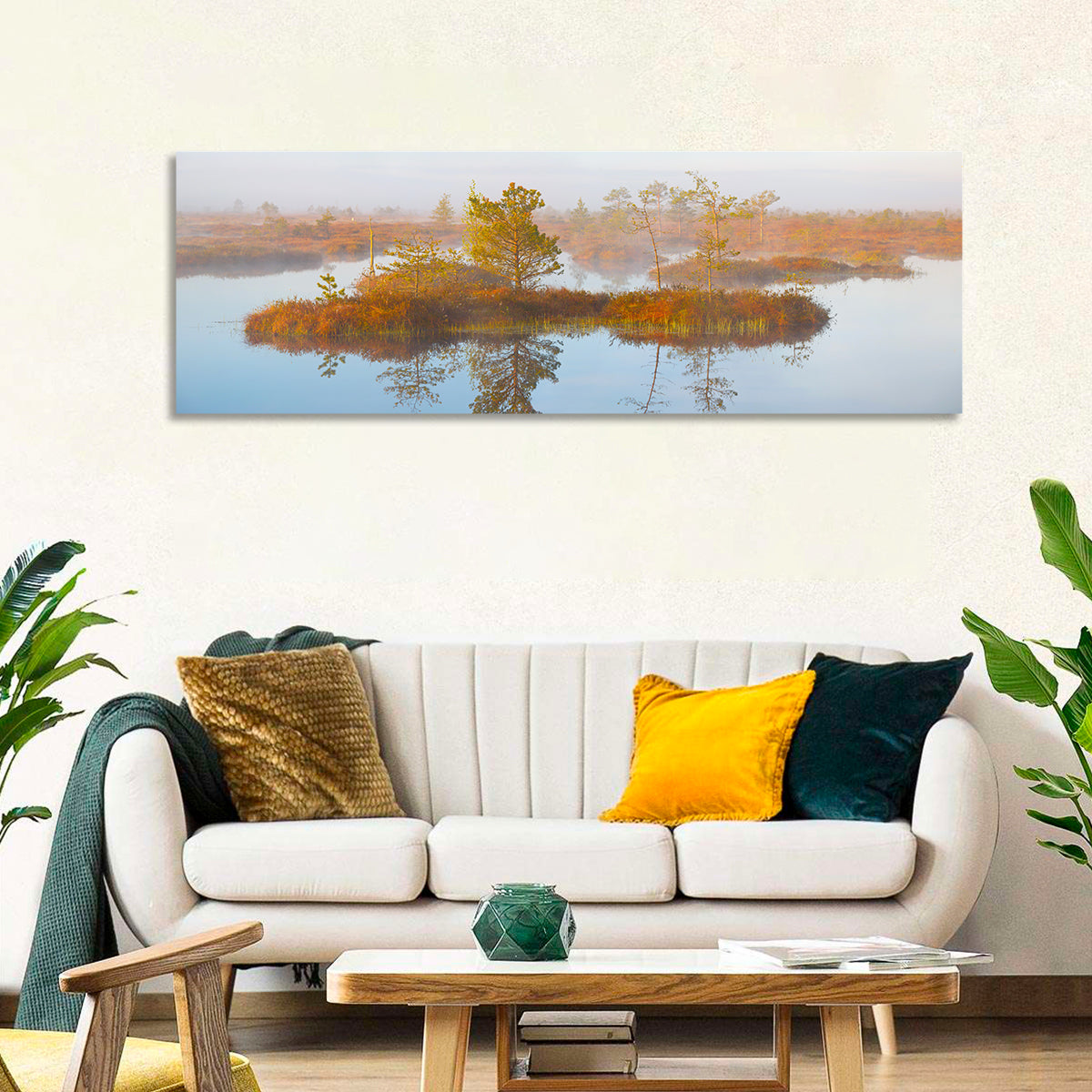 Yelnya Swamp Reflection Wall Art in a room, panoramic