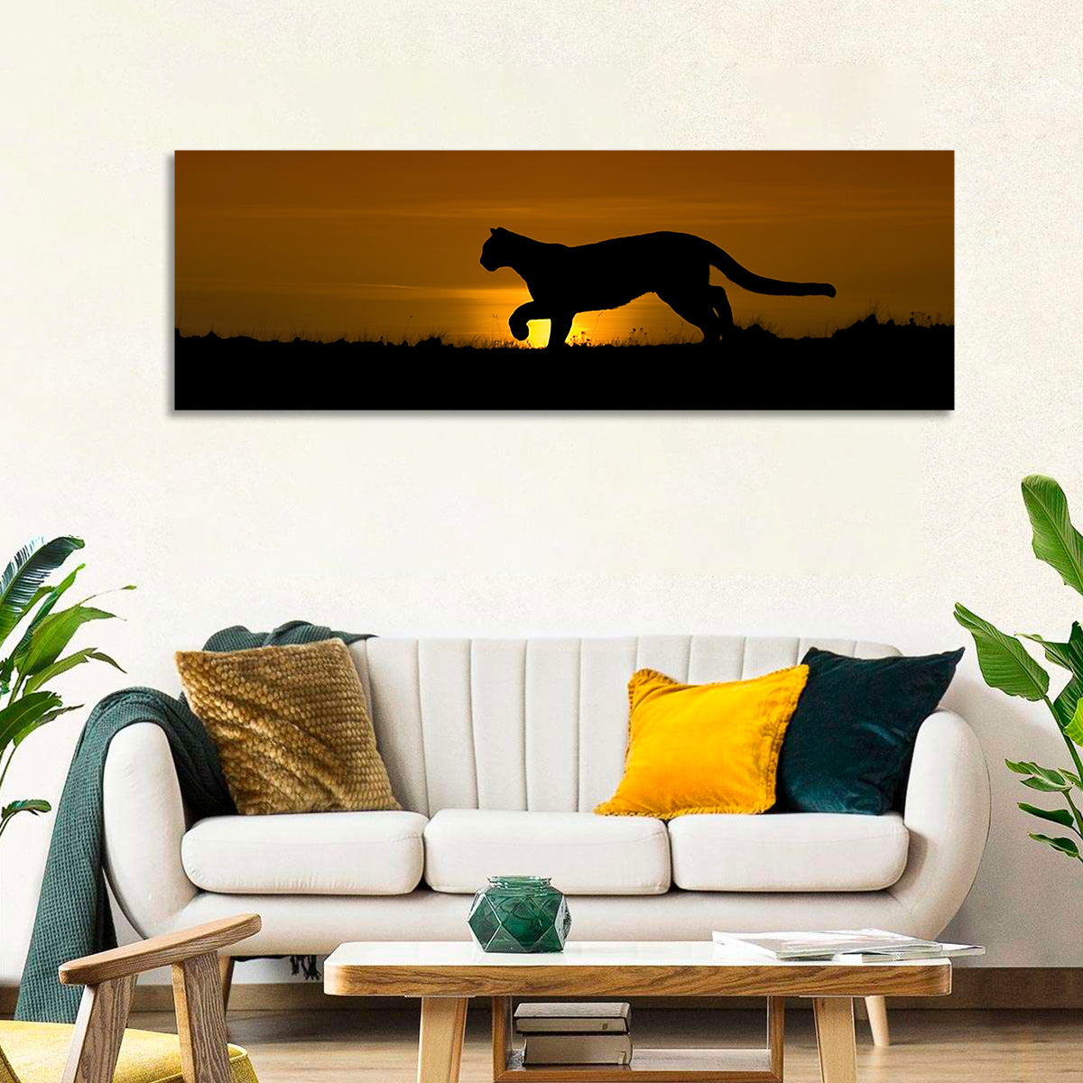 Cougar Silhouette at Sunset Wall Art in a room, panoramic
