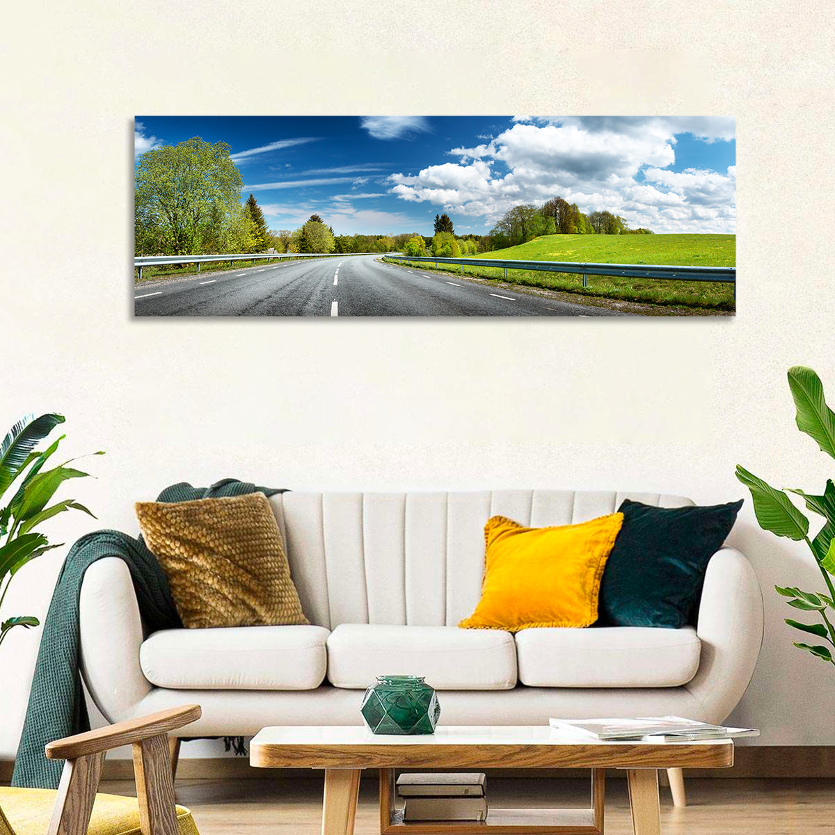 Sunlit Asphalt Road Wall Art in a room, panoramic