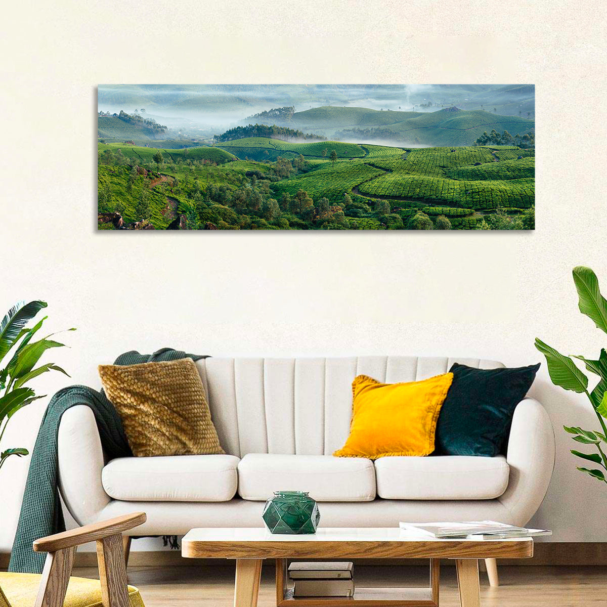 Kerala Tea Fields Wall Art in a room, panoramic