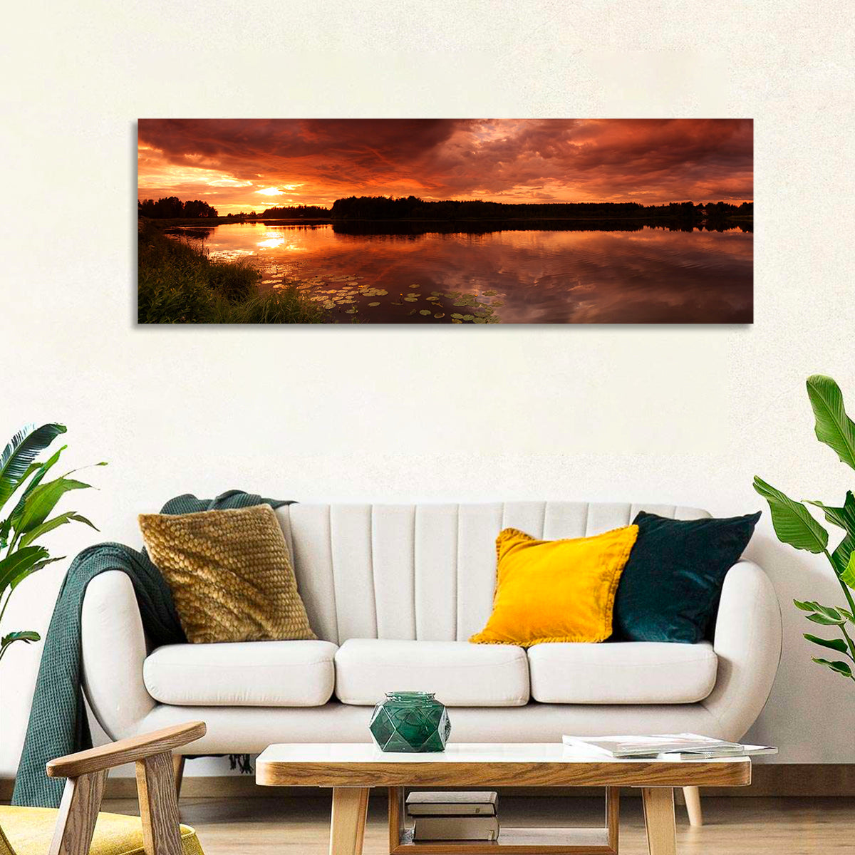 Sunset Lake Reflection Wall Art in a room, panoramic