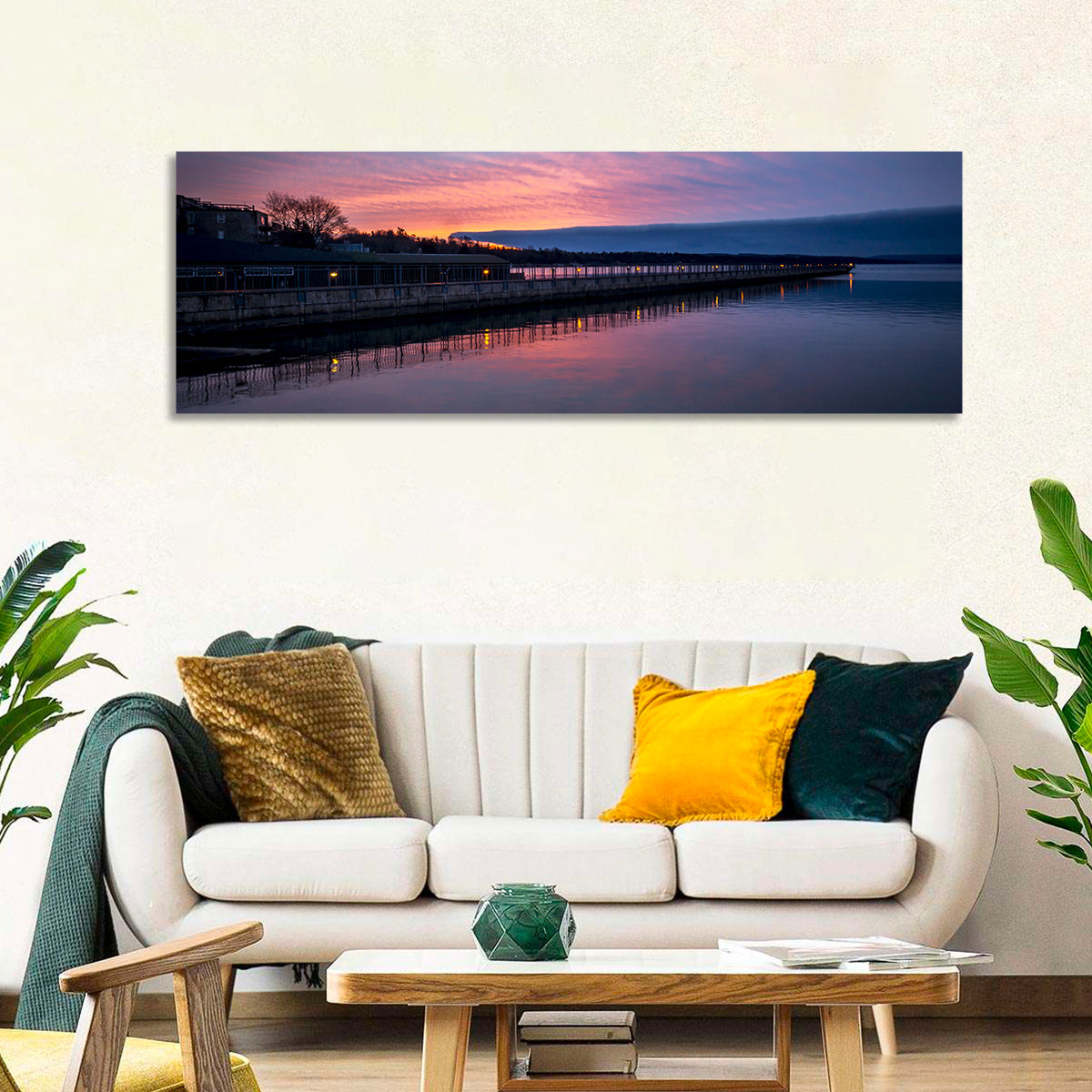 Skaneateles Lake Pier at Dusk Wall Art in a room, panoramic