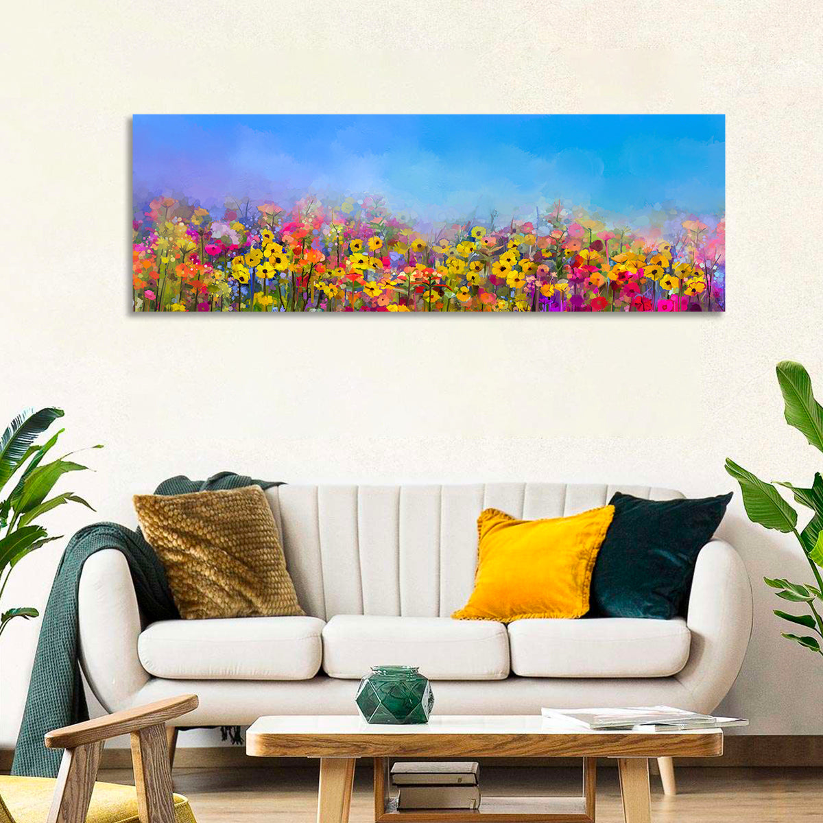 Cornflower and Daisy Meadow Wall Art in a room, panoramic