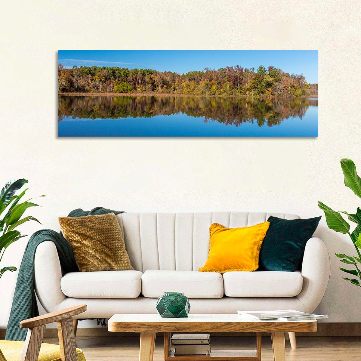 Petit Jean Lake Reflection Wall Art in a room, panoramic