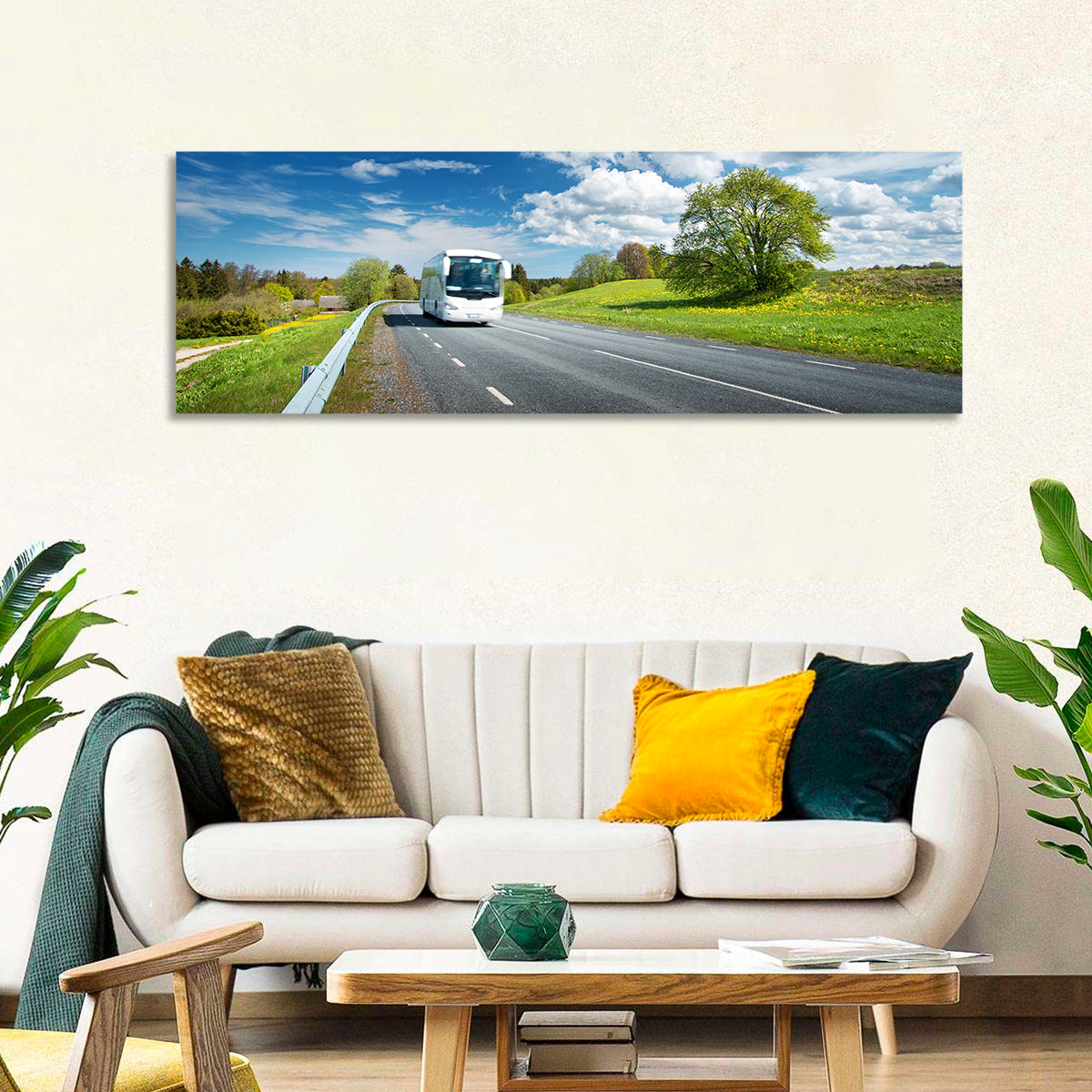 White Bus on Meadow Road Wall Art in a room, panoramic