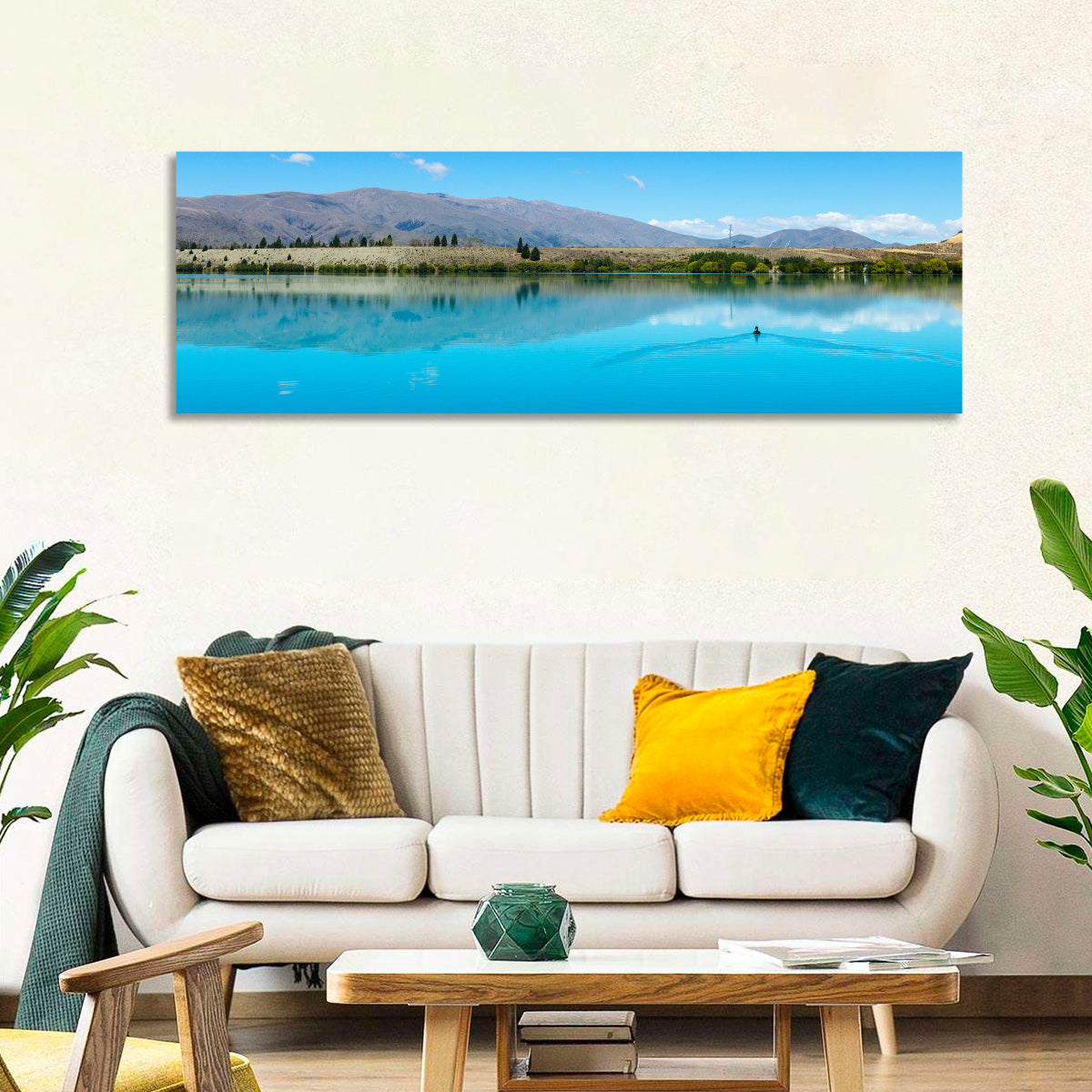 Lake Ruataniwha Reflection Wall Art in a room, panoramic