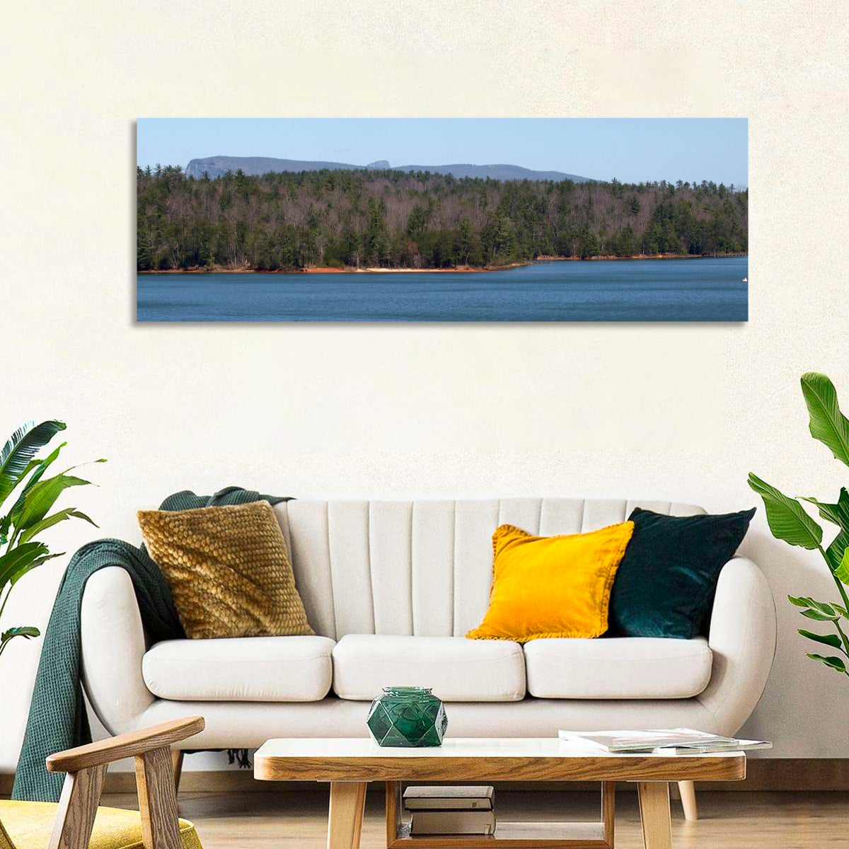 Lake James Shoreline Wall Art in a room, panoramic