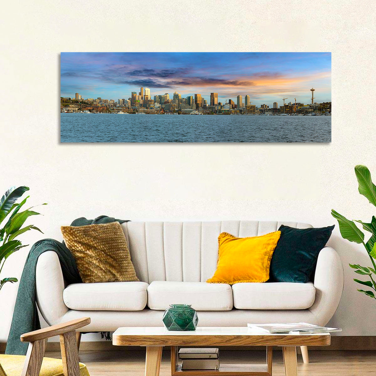 Seattle Skyline at Dusk Wall Art in a room, panoramic