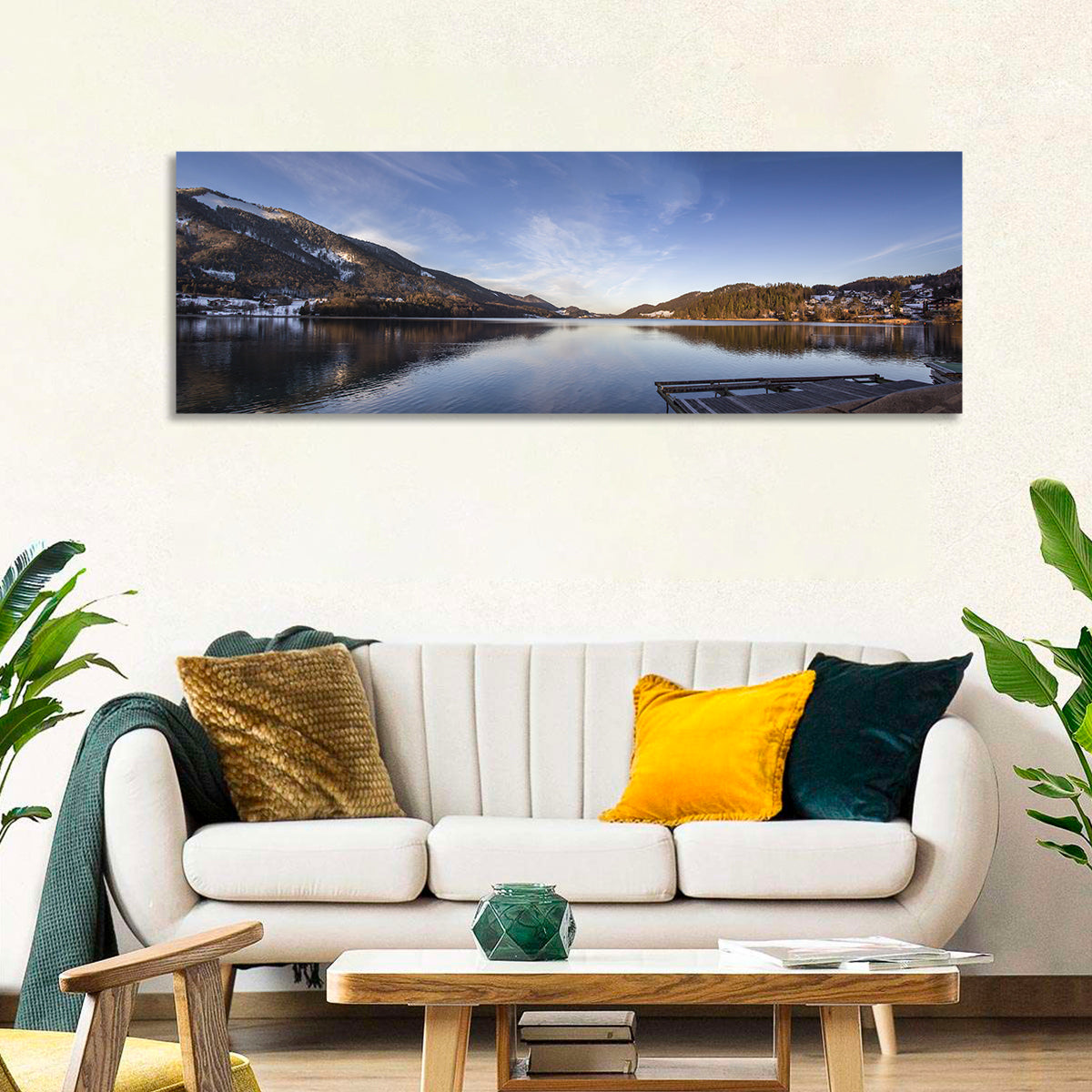 Fuschlsee Dock at Golden Hour Wall Art in a room, panoramic
